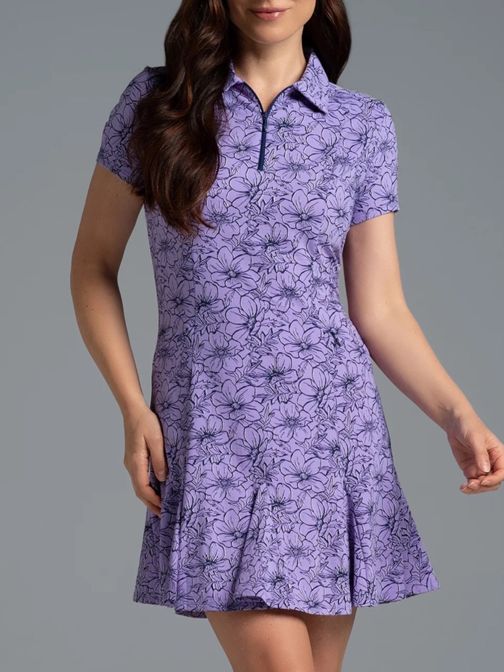 NWT IBKUL Diana Print Short Sleeve Godet Athletic Dress Floral Lavender Navy S